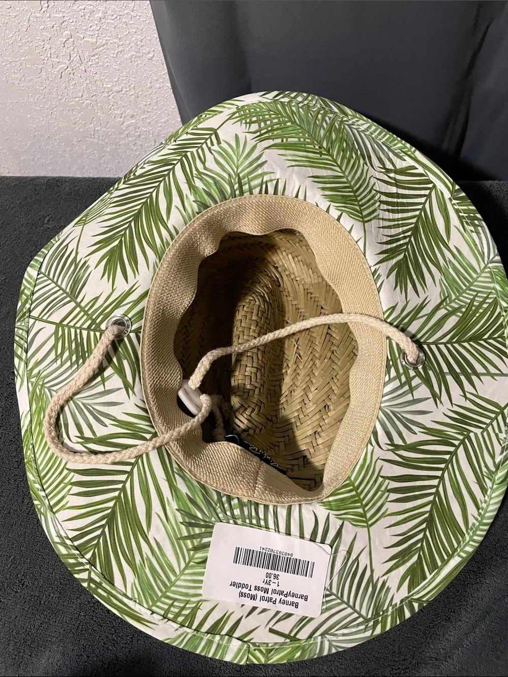 BNKV Natural Straw Kids Sun Hat with Green Leaf Trim